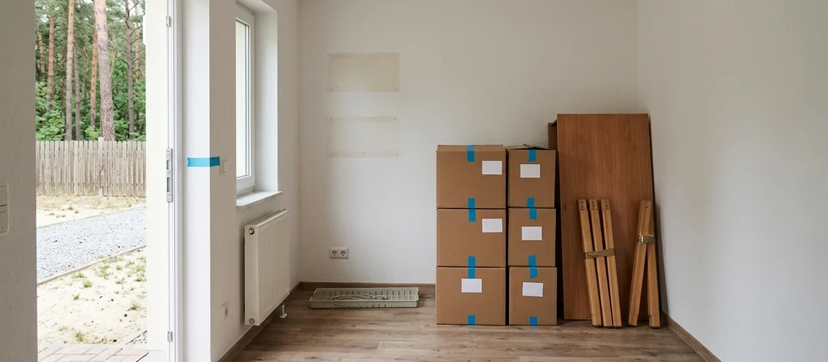 Nummerierte Umzugskisten und ein zerlegter Schreibtisch stehen in einem leergeräumten Büroraum, an der Tür klebt ein beschriftetes Schild mit derselben Nummer