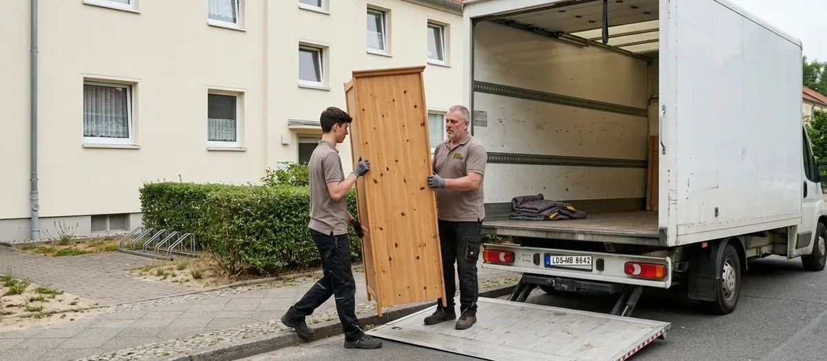 Zwei Umzugskräfte tragen einen zerlegten Kleiderschrank über einen Gehweg zur geöffneten Ladebordwand eines Möbelfahrzeugs, dahinter ein zweigeschossiges Wohnhaus mit Vorgarten