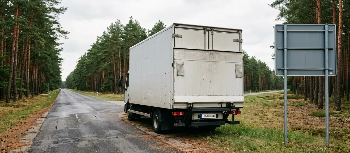 Ein bis unter das Dach beladenes Möbelfahrzeug steht mit geschlossener Ladebordwand auf einer Landstraße vor einem Autobahnhinweisschild, im Hintergrund Kiefernwald