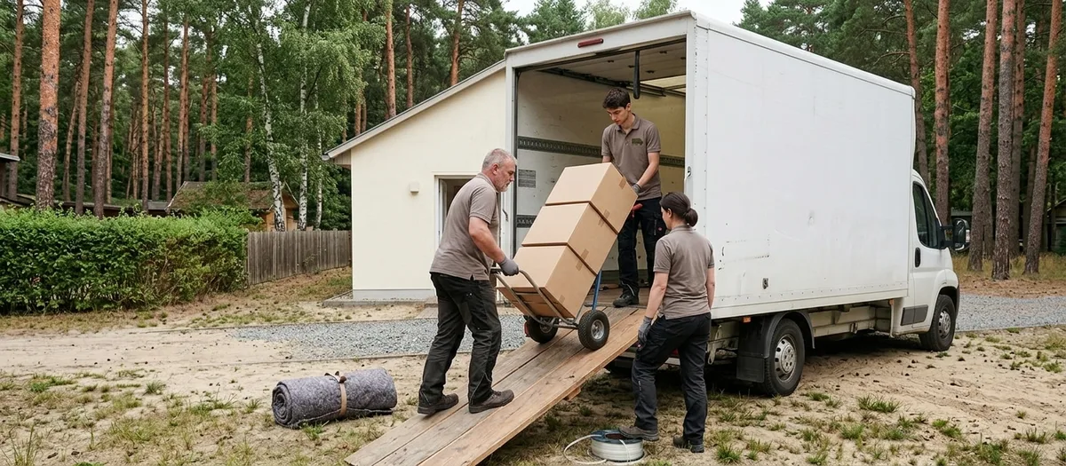 Eine Umzugskraft schiebt eine Sackkarre mit gestapelten Kartons über eine Holzrampe in einen Möbelwagen, daneben liegt eine zusammengerollte Möbeldecke auf dem Rasen